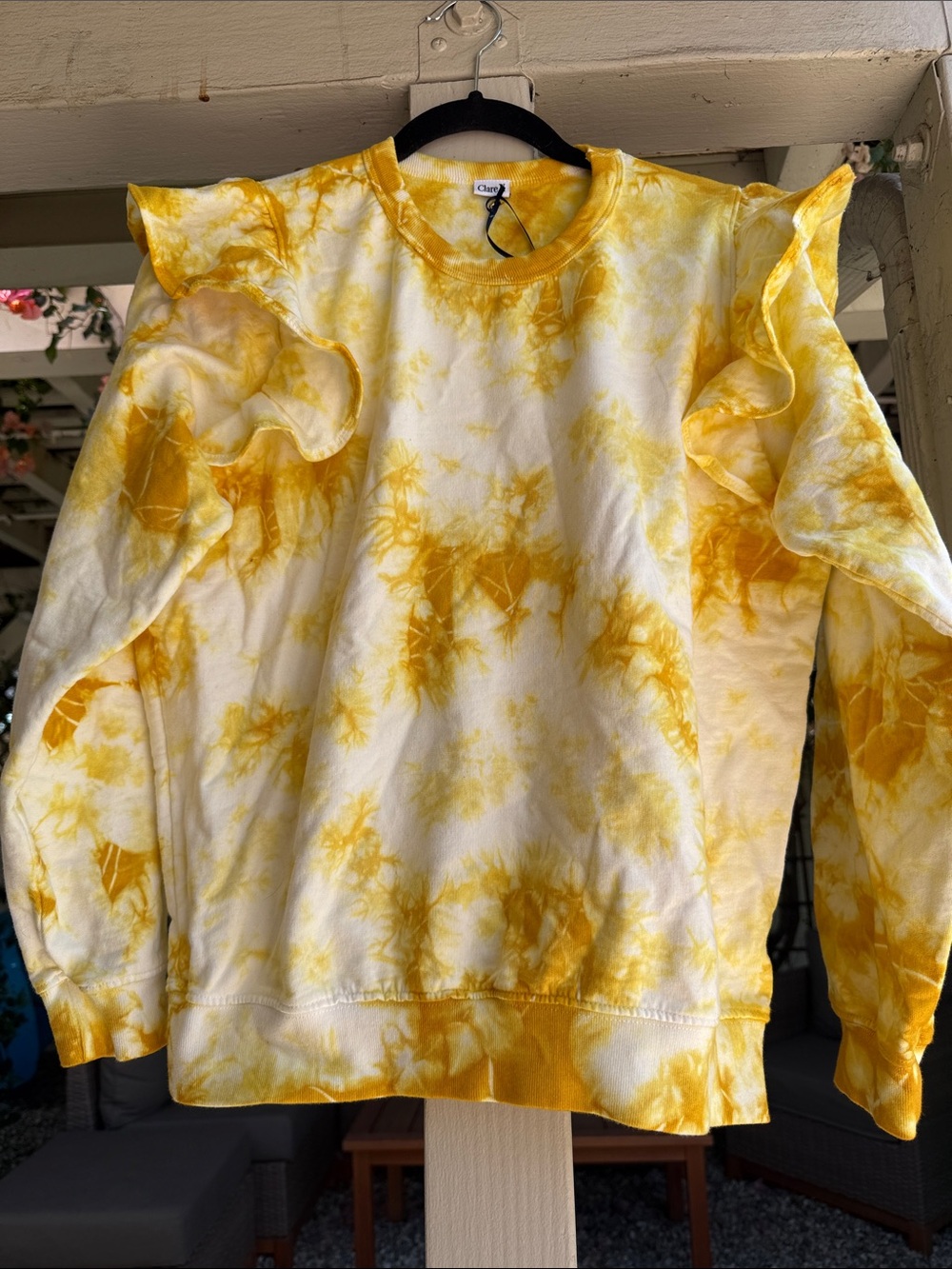 Ruffle Shoulder Yellow Tie-Dye Sweatshirt - Women's